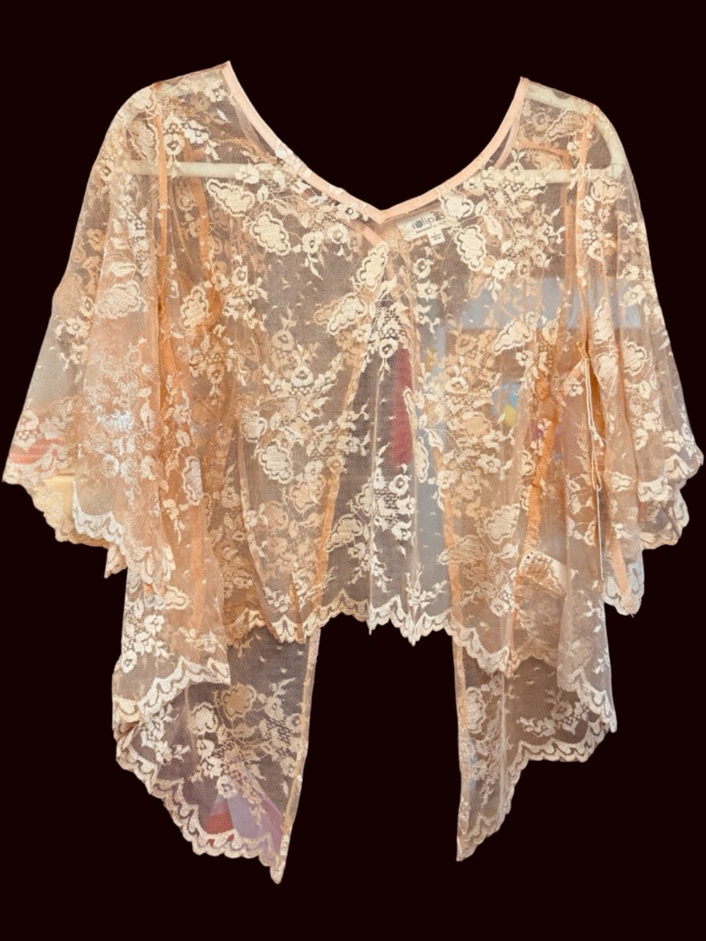 Tulip B Peach Sheer Lace Shrug Poncho Vintage Vibe Retro NWT